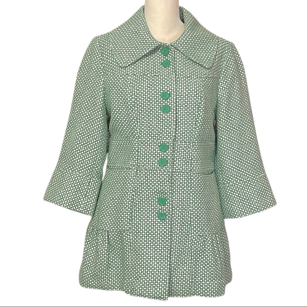 Tullette Kelly Green/White Woven Coat, Peplum Hem,3/4 Sleeve,Defined Waist,Sz L